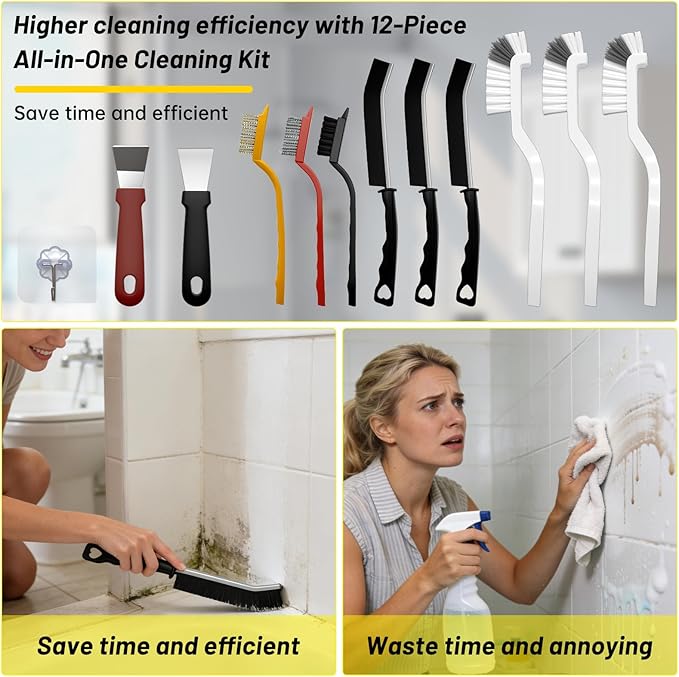 12Pcs Crevice Cleaning Brush Set, Hard Bristle Small Cleaning Brushes for Household Use with Scraper & Hook, Multi-Purpose Cleaning Tool for Kitchen, Bathroom, Grout, Corners, Tight Spaces