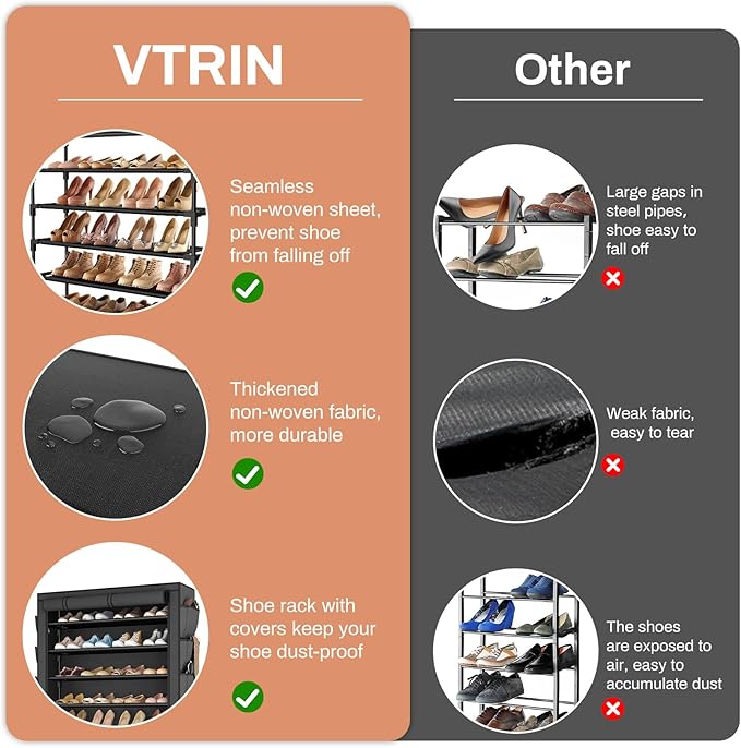 VTRIN Shoe Rack with Cover, 7 Tier Shoe Organizer Storage for 35-40 Pairs Shoes and Boots Large Capacity Tall Shoe Shelf with 8 Pockets Free Standing Shoe Rack for Closet, Entryway, Garage