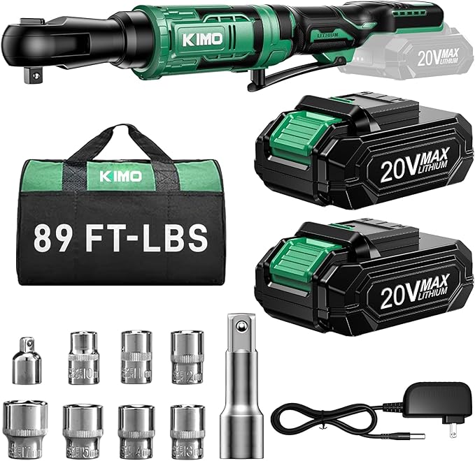 KIMO 20V Cordless Ratchet Wrench 3/8, 89Ft-lbs 400RPM Electric Ratchet Wrench Set with Variable Speed, 2x2.0Ah Battery Ratchet, LED Light, 7Socket, 3/8" to 1/4" Adapter, 3" Extension Bar, Fast Charger