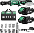 KIMO 20V Cordless Ratchet Wrench 3/8, 89Ft-lbs 400RPM Electric Ratchet Wrench Set with Variable Speed, 2x2.0Ah Battery Ratchet, LED Light, 7Socket, 3/8" to 1/4" Adapter, 3" Extension Bar, Fast Charger
