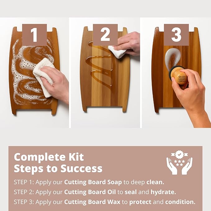 The Block & Board Company Specialist Chopping Board Complete Kit Food Grade Soap, Wax & Oil | Cleans, Nourishes, Seals & Protects Wood, Butcher Blocks, Countertops & Utensils | 3 Piece Set