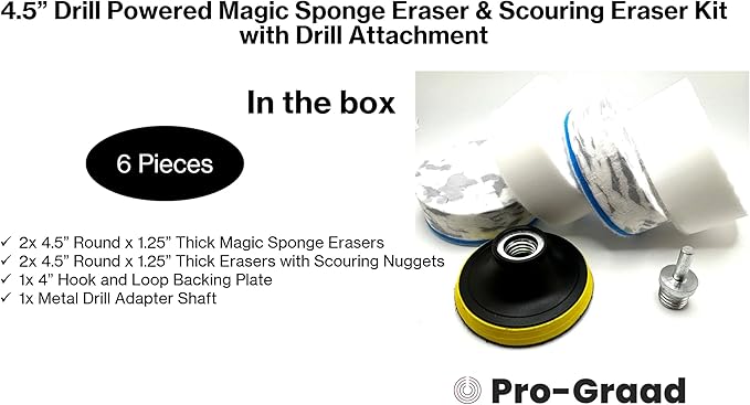 4.5" Drill Powered Magic Sponge Eraser & Scouring Pad 6 Pieces Kit With Drill Attachment | Ultra Durable Pads for Deep Cleaning Bathroom Kitchen Floors Walls Baseboards Crayon Marker & More
