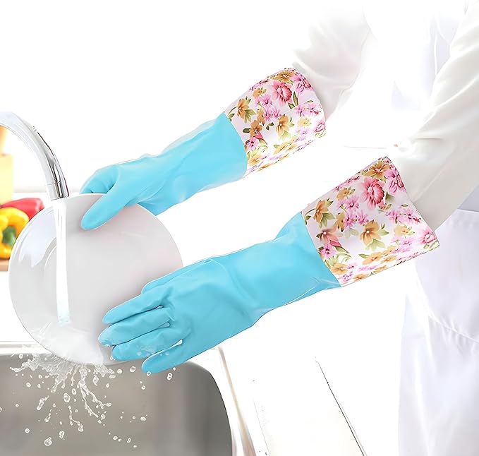 KINGFINGER Dishwashing Cleaning Gloves, 2 Pairs Reusable Rubber Gloves PVC Latex-Free Waterproof Long Cuff and Flock Lining Household Cleaning Glove(Blue + Purple)
