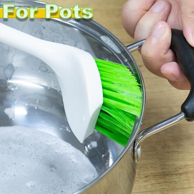 ITTAHO Dish Scrubber Set, Kitchen Brush for Cleaning with Scraper Edge, Green Multi-Purpose Scrub Brush with Handle for Dishes,Sink,Pots,Pans,Shower,Tile,Tubs - 3 Pack