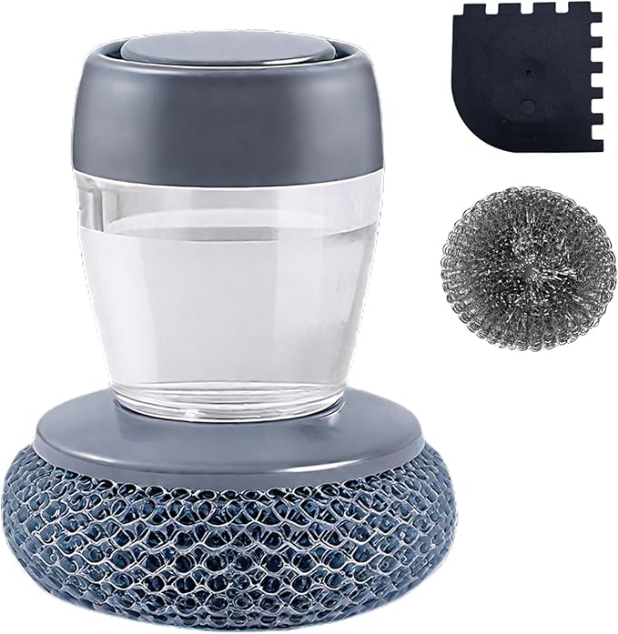 Dish Scrubber with Soap Dispenser, Steel Wool Scrubber with Replaceable Steel Wool, Transparent Cleaning Solution Reservoir, Cast Iron Cleaning Kit with Cast Iron Scraper for Cleaning Pans, Grills