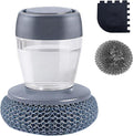 Dish Scrubber with Soap Dispenser, Steel Wool Scrubber with Replaceable Steel Wool, Transparent Cleaning Solution Reservoir, Cast Iron Cleaning Kit with Cast Iron Scraper for Cleaning Pans, Grills