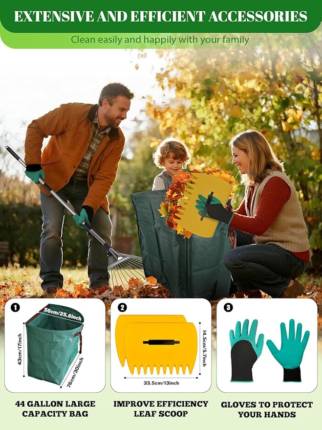Adjustable Metal Leaf Rake Set Garden Rake for Leaves Long Handle 37"-63" Expandable Head Gardening Tools Set Includes 44 Gallon Bag & Scoop & Gloves Rakes for Lawns Heavy Duty for Yard Lawn Garden