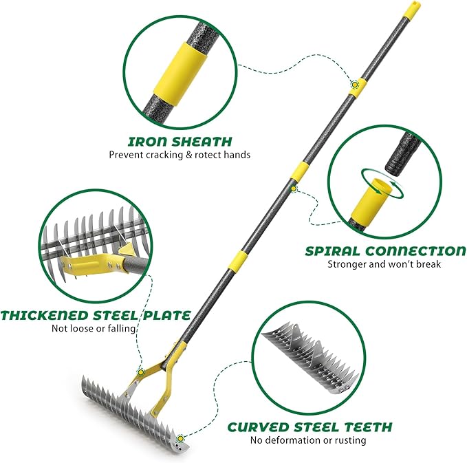 Thatch Rake,55 Inch Heavy Duty Lawn Thatching with Adjustable Stainless Steel Handle,Multiple Garden Rake for Leaves,Lawn Loosening Soil,Backyard,Garden