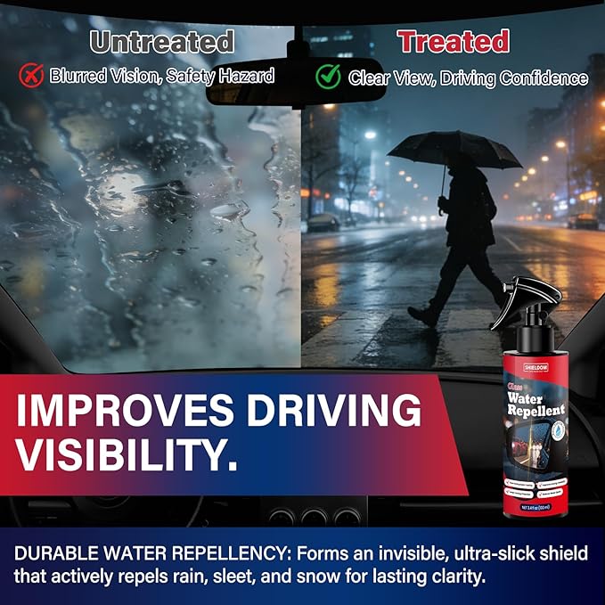 Car Glass Cleaner & Water Repellenet, Windshield Rain Repellent Streak-Free Water Spot Remover Hydrophobic Coating Protecting Against Stains Safe on Glass, Tinted Windows & Mirrors- Pack of 2