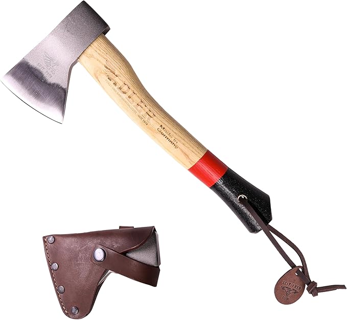 Adler Scout Camping Hatchet with Leather Sheath - German Forged, 11.8" Hickory Handle, Compact Small Hatchet for Hiking, Bushcraft, Camping, Hunting, Backpacking