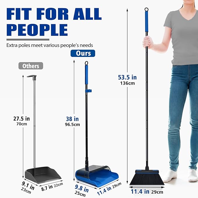 JEHONN Broom and Dust Pan, Upgraded Large Foldable Dustpan with Comb Teeth, 53.5 inches Long Handle Swivel Brush Indoor for Home Kitchen Lobby Floor Cleaning (Blue)