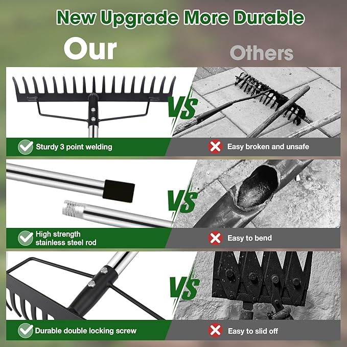 Heavy Duty Garden Rake for Leaves - 17 Tine Metal Head & Adjustable Stainless Steel Handle, 17" Wide 5.58FT Yard Rake for Shrub Leveling/Grass Care