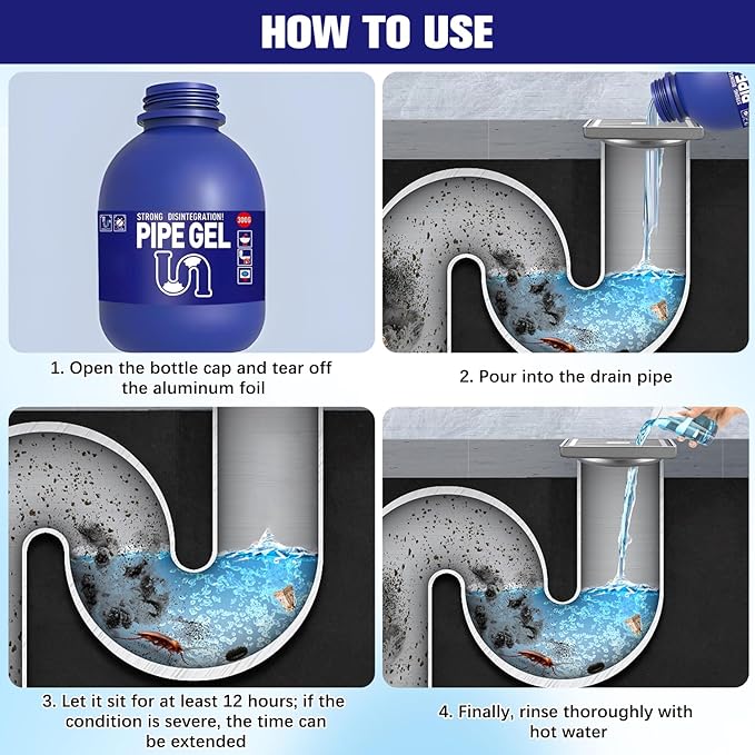 Pipe Bobo Drain Cleaner for Kitchen Sinks, Professional Drains Clog Remover, Powerful Pipes Dredging Agent for Kitchen Sinks, Shower Drains, Tubs, Dissolves Blockages, 300G/10.6OZ