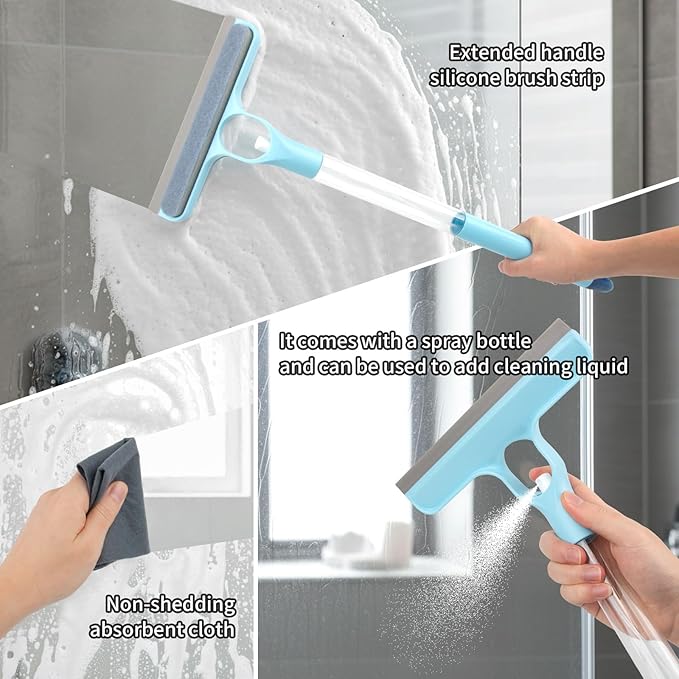 3 in 1 Window Cleaning Scraper, Spray Squeegee, Mirror Cleaner Tool, 3 in 1 Squeegee for Shower Glass, Squeegee with Sprayer, Shower Squeege, Squeegee and Scrubber with Spray, for Mirrors, Bathroom