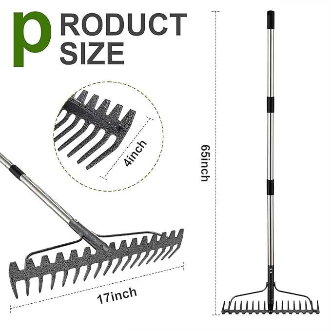 Bow Rake, 65" Heavy Duty Garden Rake with Wide 17 Tines Head & Stainless Steel Handle, Adjustable Rakes for Lawns Yard Loosening Soil Thatching Gathering Leaves Gravel