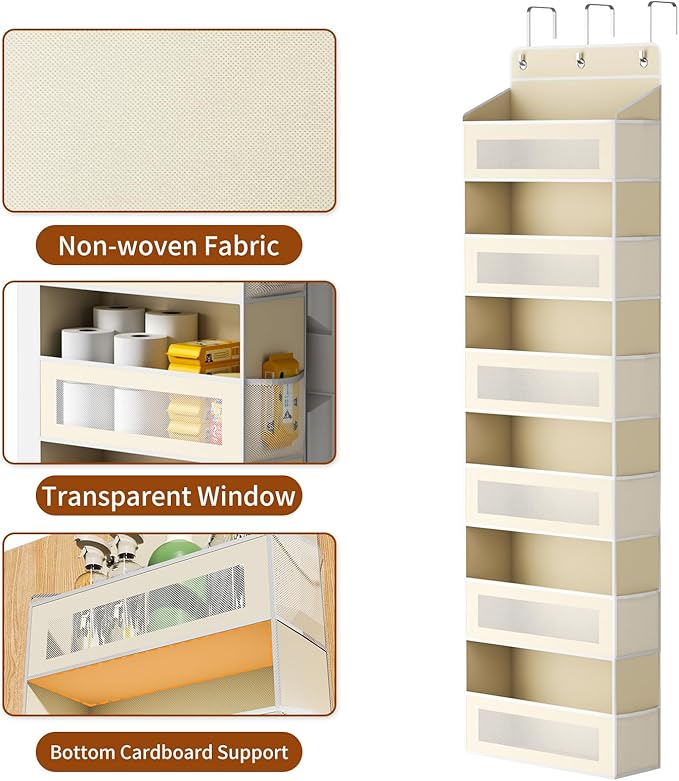 Over The Door Organizer with 6 Large Pockets, Over the Door Storage 12 Side Pockets, Hanging Door Organzier 44 lb Load Behind Door Storage Hanging Shelf for Closet Wall Bathroom Nursery, 6-Tier Beige