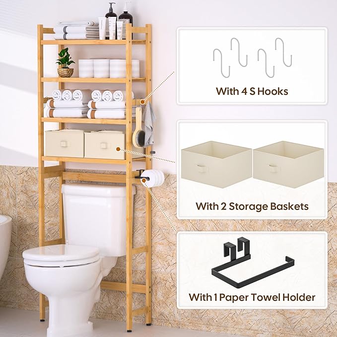 Cozivolife Over The Toilet Storage with 2 Baskets, 4-Tier Bamboo Organizer Rack with Paper Holder & 4 Hooks & Waterproof Feet Pad,Freestanding Shelf for Bathroom(Natural)