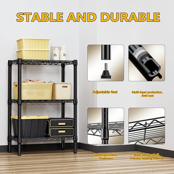 M MZG 750 lbs 3 Tier Shelf Metal Storage Shelves Shelving Wire Rack Heavy Duty Closet Organizers for Garage Kitchen Bathroom Laundry Black 13.8" D x 23.6" W x 35.5" H