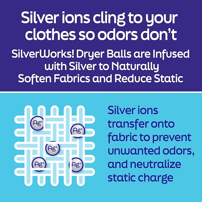 SilverWorks! Wool Dryer Balls Laundry Reusable - Odor Eliminating Dryer Laundry Balls with Silver Technology - Natural Fabric Softener and Static Reducer, Reduce Drying Time and Energy Costs - 6 Pack