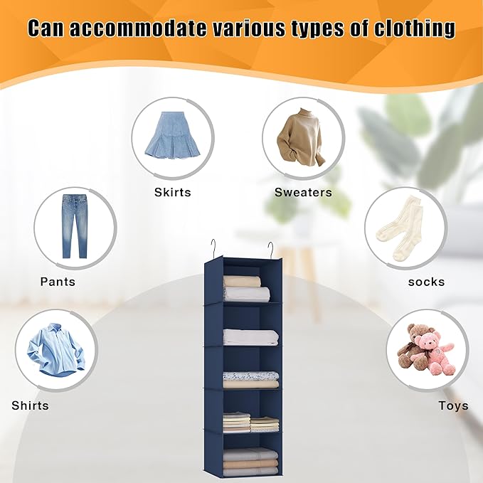 Hanging Closet Organizer and Storage 5-Shelf, Easy Mount Foldable Hanging Closet Wardrobe Storage Shelves, Clothes Handbag Shoes Accessories Storage, Washable Oxford Cloth Fabric, Navy Blue