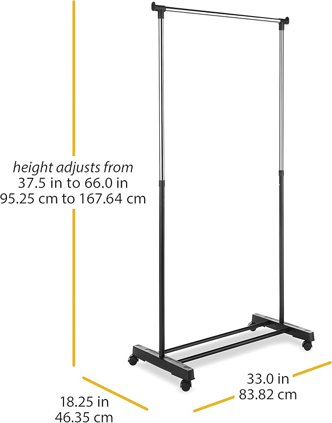 Whitmor Adjustable Garment Rack Rolling Clothes Organizer, Black and Chrome