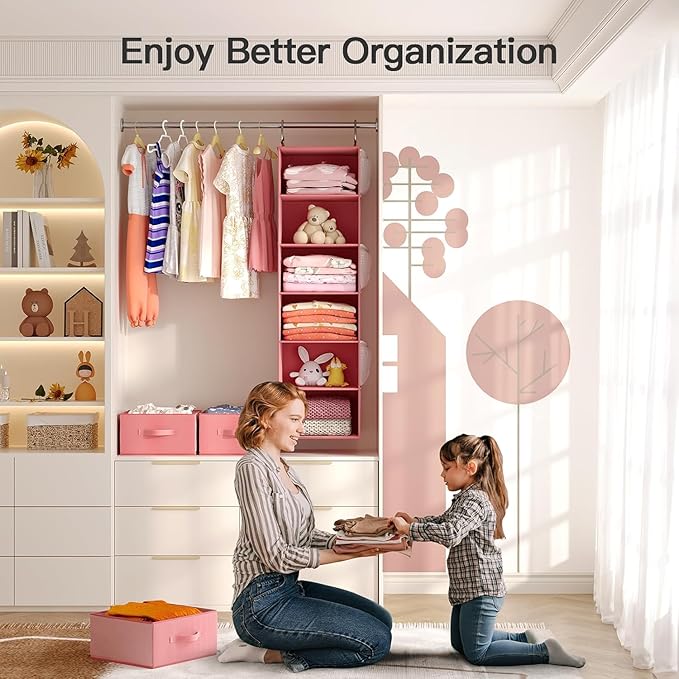 Pipishell Hanging Closet Organizer 6-Shelf, Hanging Shelves for Closet with 3 Removable Drawers & Side Pockets for Bedroom, Garment Rack and Wardrobe Organization, 12' x 12' x 43.3', Pink