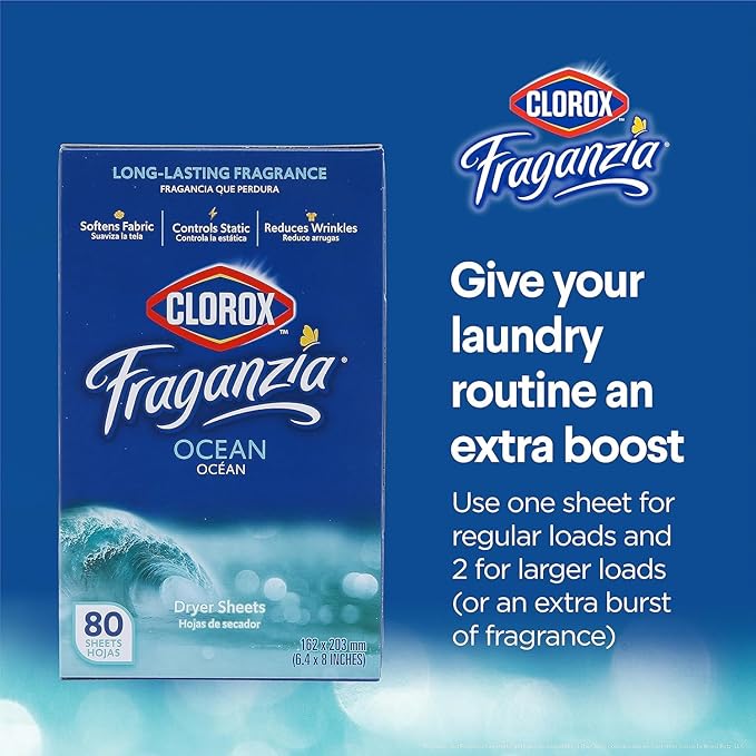 Clorox Fraganzia Fabric Softener Dryer Sheets, Wrinkle Reducing and Anti Static Laundry Dryer Sheets for Great Smelling Clothes, Softens Fabrics, Fresh Ocean Scent, 80 Count - 6 Pack