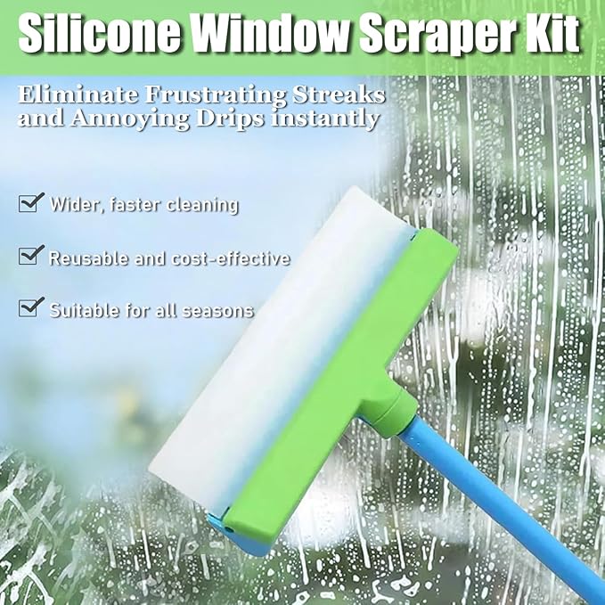 Recyclable Silicone Window Squeegee Kit - 3-in-1 Window Washer,Squeegee and 3 Microfiber Cloths, Ergonomic Handle & Streak-Free Blade for Windows, Mirrors, Shower Doors, Glass (Green)