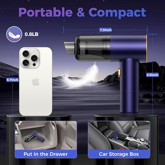 Vizeusvac Handheld Car Vacuum Portable Cordless,18000PA High Power Vacuum Cleaner with Brushless Motor.7 in 1 Mini Hand Held Vacuum Rechargeable AirDuster/Blower for Car,Home,Ofice,Pet