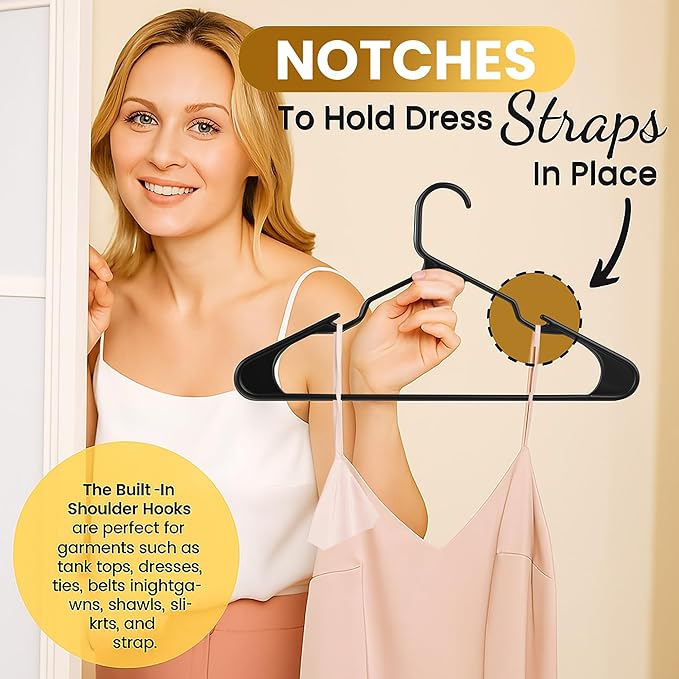 Our Modern Space 30 Pack Adult Plastic Hanger for Shirt Pants Coats Dresses Skirts Suits Jackets - Standard Thick Coat Hanger - Sturdy & Durable Design with Shoulder Grooves Hook - Black