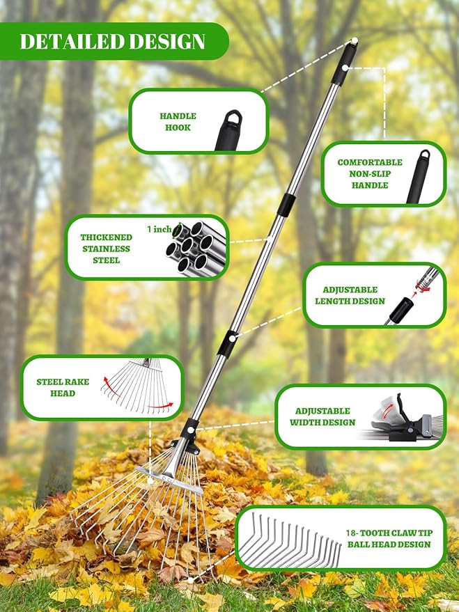 Adjustable Metal Leaf Rake Set Garden Rake for Leaves Long Handle 37"-63" Expandable Head Gardening Tools Set Includes 44 Gallon Bag & Scoop & Gloves Rakes for Lawns Heavy Duty for Yard Lawn Garden