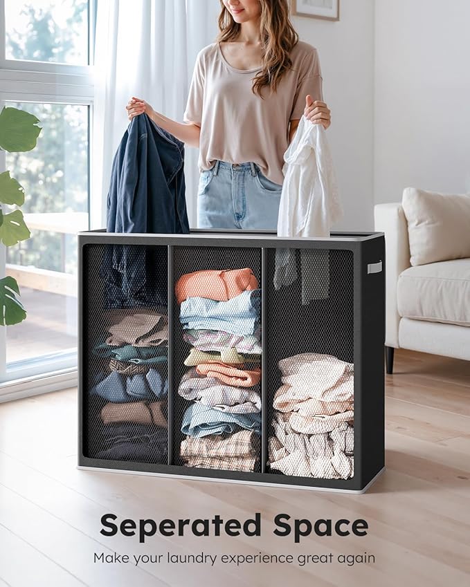 SOLEDI 180L Laundry Hamper 3 Section, Extra Large Laundry Hamper with Lid, Dirty Clothes Hamper with Sturdy Handle, Large Laundry Basket Organizer for Laundry Room, Bedroom, Hampers for Laundry