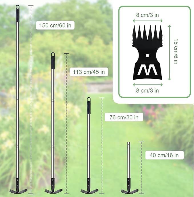 Weed Puller Tool with Long Handle, 60" Weed Remover Tool, 2 in 1 Weed Rake & Garden Hoe for Weeding, Weeder Tool with Detachable Handle, Uprooting Weeding Tool for Yard, Lawn, Patio, Garden