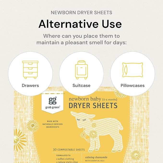 Grab Green Newborn Baby Dryer Sheets - Natural Scent Booster and Fabric Softener to Reduce Wrinkles and Static (Calming Chamomile Scent, 120 Sheets Total)