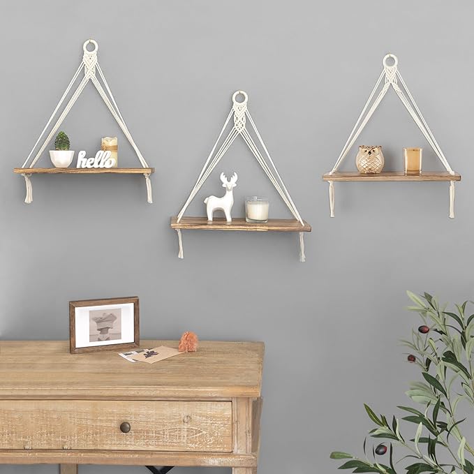 Mkono Macrame Hanging Shelves Boho Wall Decor Set of 3 Rustic Wood Floating Storage Shelf for Bedroom Bathroom Living Room Nursery Dorm Room, Display Shelving for Hanging Plants Photos