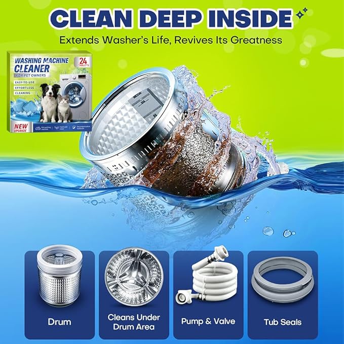 Washing Machine Cleaner Tablets for Pet Owners - Easily Removes Cat & Dog Hair, Urine, Odor,Residue,Front & Top Load Washer Machine Cleaner Deep Cleaning, Septic Safe, 24 Pack (12 Month Supply)