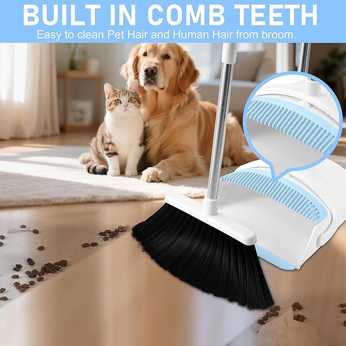 Broom with Dustpan Combo Set for Home 54-in Long Adjustable Handle Angle Broom and Dustpan Set with Dustpan Comb Teeth for Sweeping Pet Hair Food Dirt Kitchen