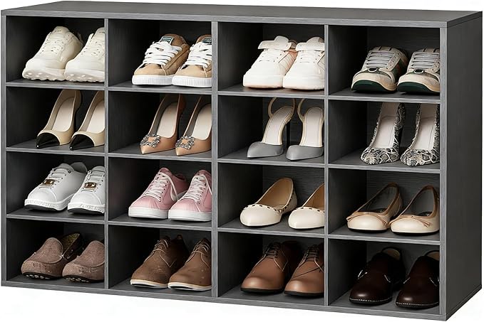 Garden 4 you Shoe Storage Bench, Cubby Shoe Rack with 16 Cubbies, 4-Tier Wood Shoe Rack Organizer, Shoe Organizer Cabinet for Entryway, Hallway, Closet and Garage, Black