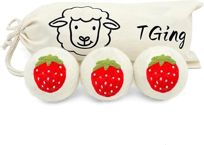 Wool Dryer Balls，New Zealand Wool Laundry Balls for Dryer (Pack of 3, Strawberry Handmade Pattern)，Softens Clothes,Naturally Reduces Drying Time and Static Electricity