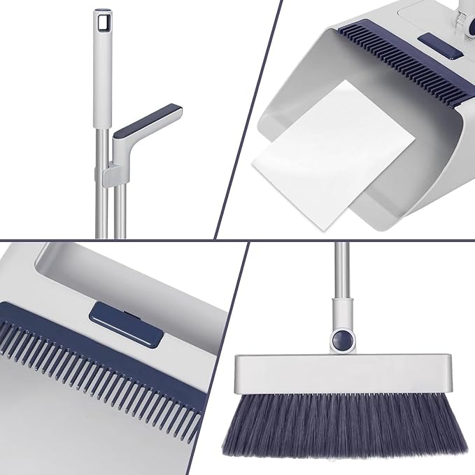 SDSM Broom with Dustpan Combo Set, 4 in 1 Multifunctional Broom and Dustpan with 52" Long Handle, Concealed Squeegee and Cleaning Brush, for Clean Home Kitchen Bathroom Office, Indoor Outdoor Floor