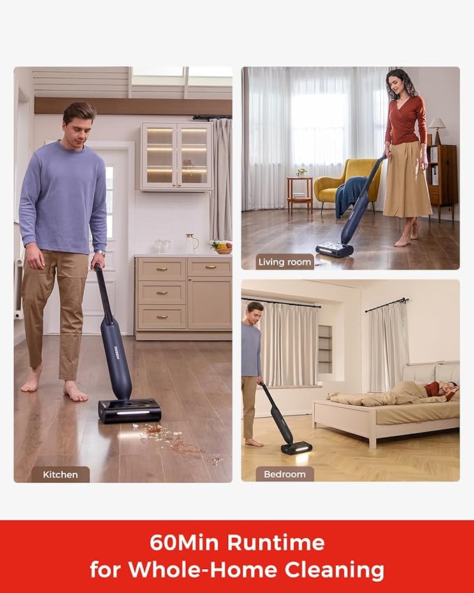 HIZERO F600 Hard Floor Cleaner with Headlight, Self-Cleaning Roller & Triple Separation, 60Min Cordless Runtime, Wet Dry Sweeping Mopping All-in-One for Wood Tile & Pet Homes