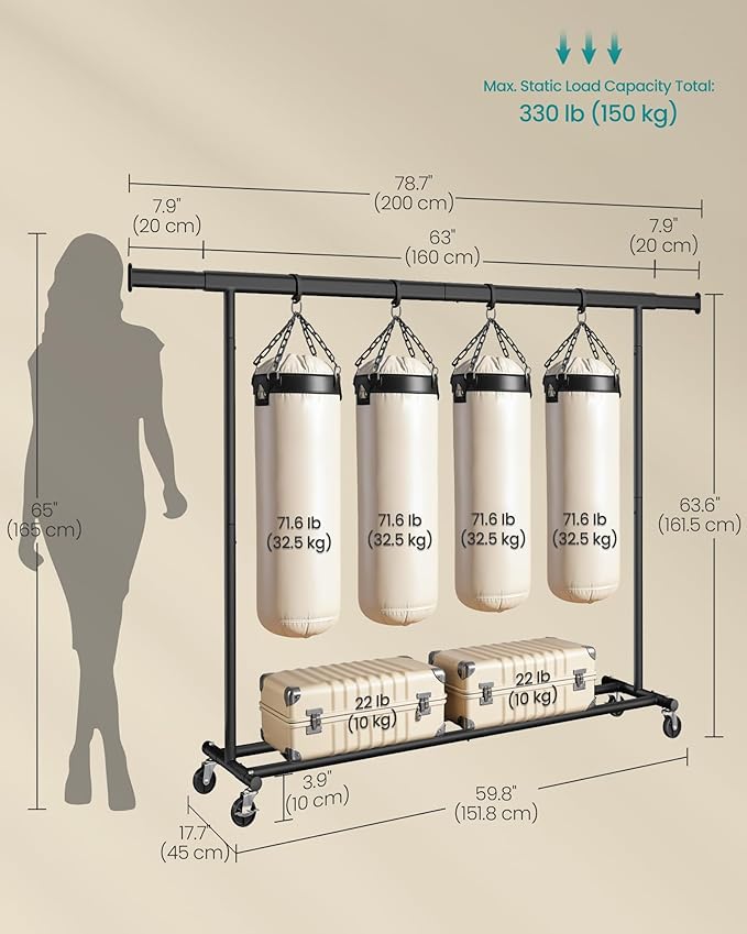 SONGMICS Clothes Rack with Wheels, Heavy-Duty Clothing Rack for Hanging Clothes, Portable, 17.7 x (63-78.7) x 63.6 Inches, with Extendable Hanging Rail, 330 lb Load Capacity, Black UHSR175B01