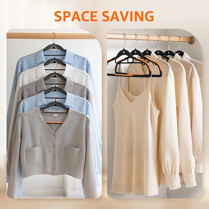 Yolife Cascading Plastic Clothes Hangers 20 Pack with Inner Hook for Vertical Storage, Slim Space Saving Hangers with Non-Slip Pads, 360° Swivel Metal Hook, Versatile, Black & Orange