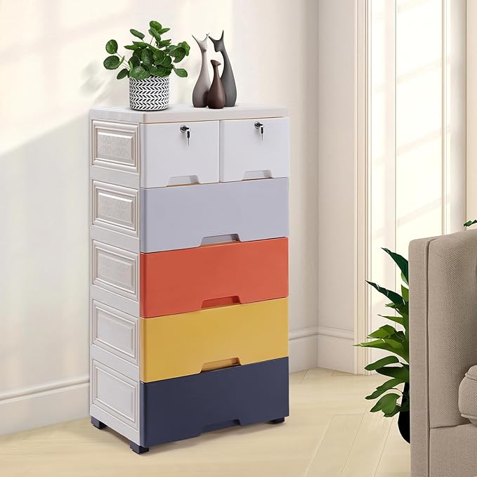 5 Tier Plastic Clothes Storage Organizer with 6 Drawers, Clothes Storage Organizer 66lbs Capacity, Tall Dresser Plastic for Storing Clothes Towels Toys and Some Other Small Items