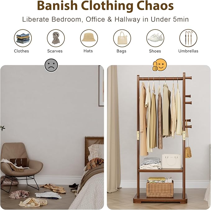 Taitiy Coat Rack Solid Wood Clothes Rack with 2 Shelves & 4 Hooks for Hanging Clothes Garment Wallets Hats, Clothing Rack Coat Rack Freestanding Hall Tree with Storage for Hallway Bedroom Living Room