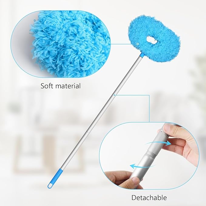 Eunice 2 Dusters Heads Ceiling Fan Duster with Extension Pole - Adjustable and Removable Fan Cleaner Blade for High Ceiling, Window Door Furniture (Blue)