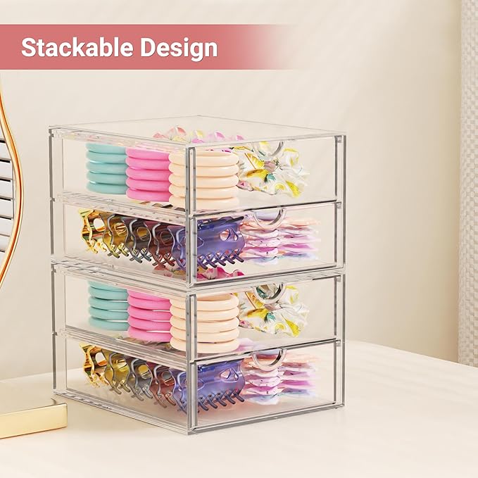 Hair Accessories Organizer for Girls, 2 Tier Acrylic Stackable Storage Drawers, Clear Vanity Hair Tie Bow Claw Clip Scrunchie Holder Organizer for Girls Stuff, Cute Desk Organizers and Accessories