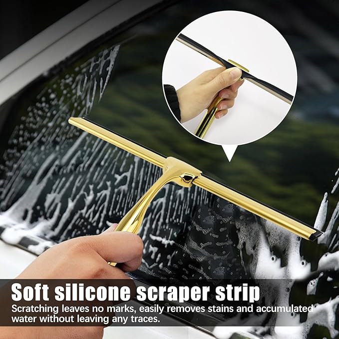 Squeegee for Shower Glass Door, All-Purpose Stainless Steel Squeegee with Adhesive Hooks, Cleaner Tool for Tile Walls, Bathroom, Window, Glass and Car Windshield, Mirrors and Kitchen(10in, Gold)