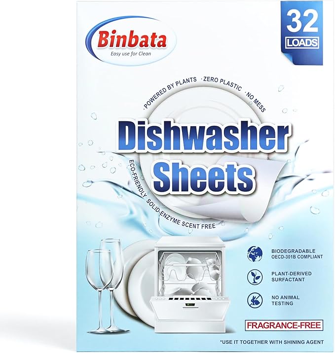 Binbata Upgraded Eco Dishwasher Detergent Sheets Up To 32 Loads, Unscented Plastic Free Dishwashing Soap Strips With High Efficient Solid Enzyme, Leaving Dishes Sparkling Clean