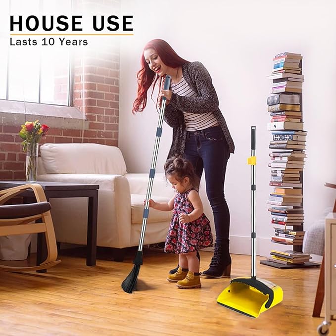 2-Pack is More economical,Brooms with Dustpan Combo Set， with 52" Long Handle, Dustpan Teeth with self-Cleaning Function, Indoor and Outdoor Sweeping, Perfect for Home Office(Large/Yellow /2-Pack).